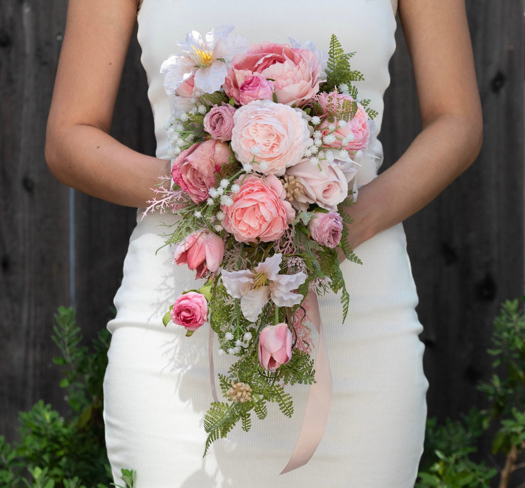 Bridal Waterfall Wedding Bouquet and Corsage: Pink