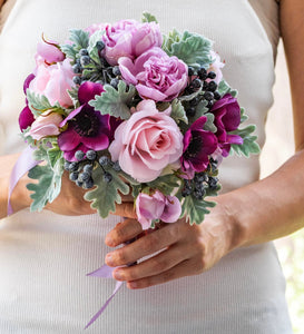 Round Wedding Bouquet and Corsage Set: Purple