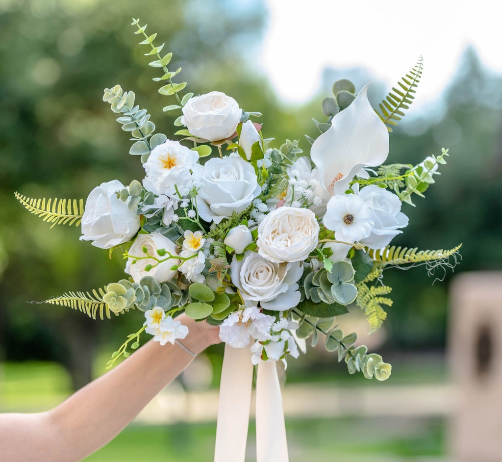 Wedding Bouquet & Corsage Set: White + Green